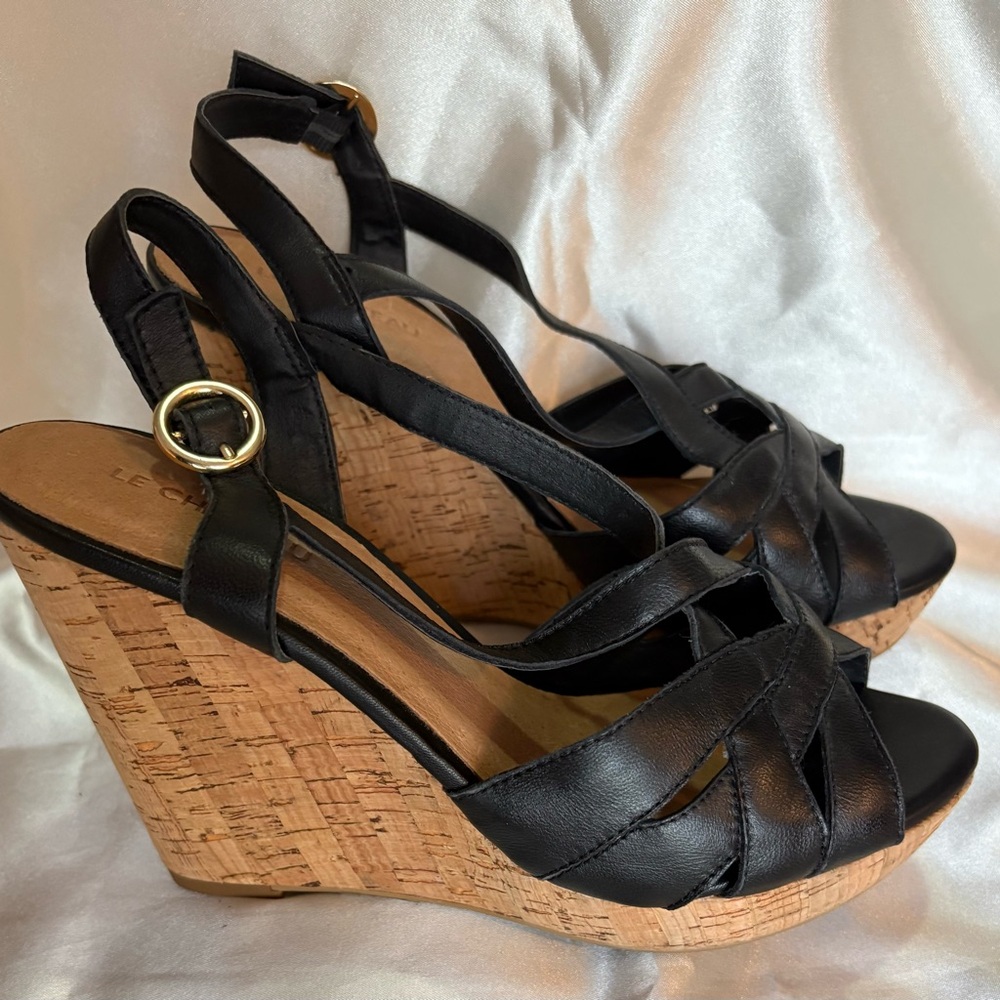 NEW Women's Black Leather Wedge Sandals
